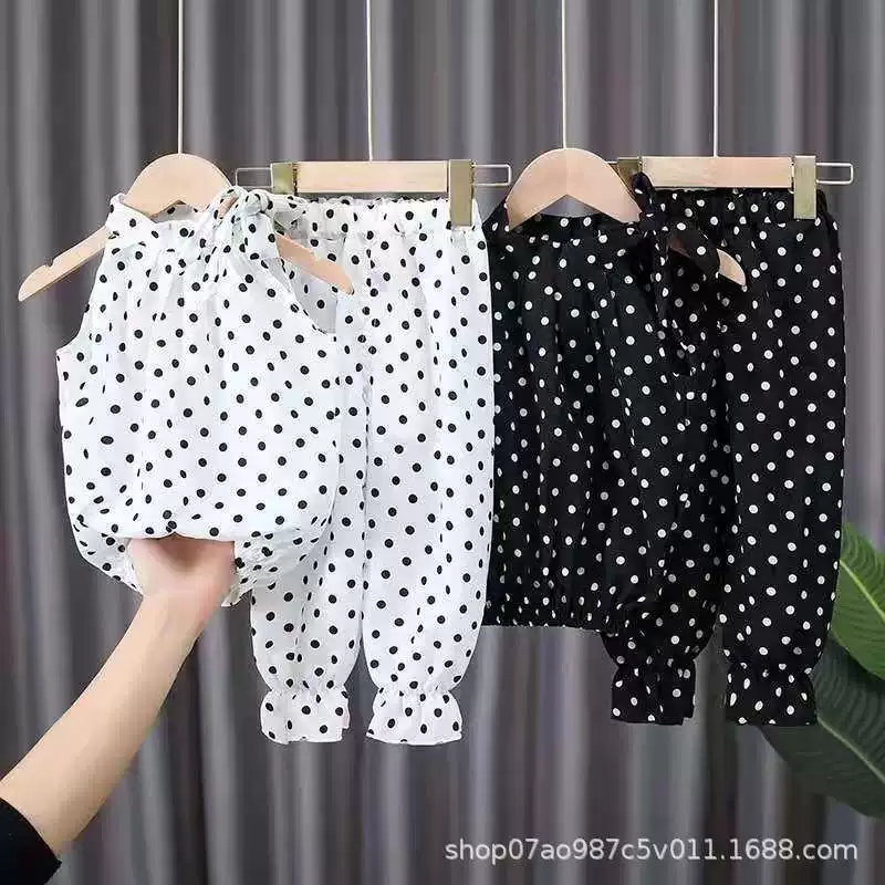 Летний шифоновый набор для детей в двух частях, корейский стиль, лёгкий с рисунком горошек, размеры 80–120 см