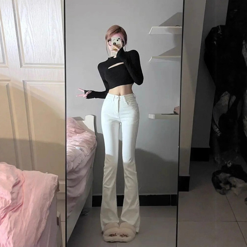 2025 White Flared Jeans Korean Style Design Slightly Flared New High-Waisted Slimming Elastic Versatile Floor-Length Horse Hoof Pants