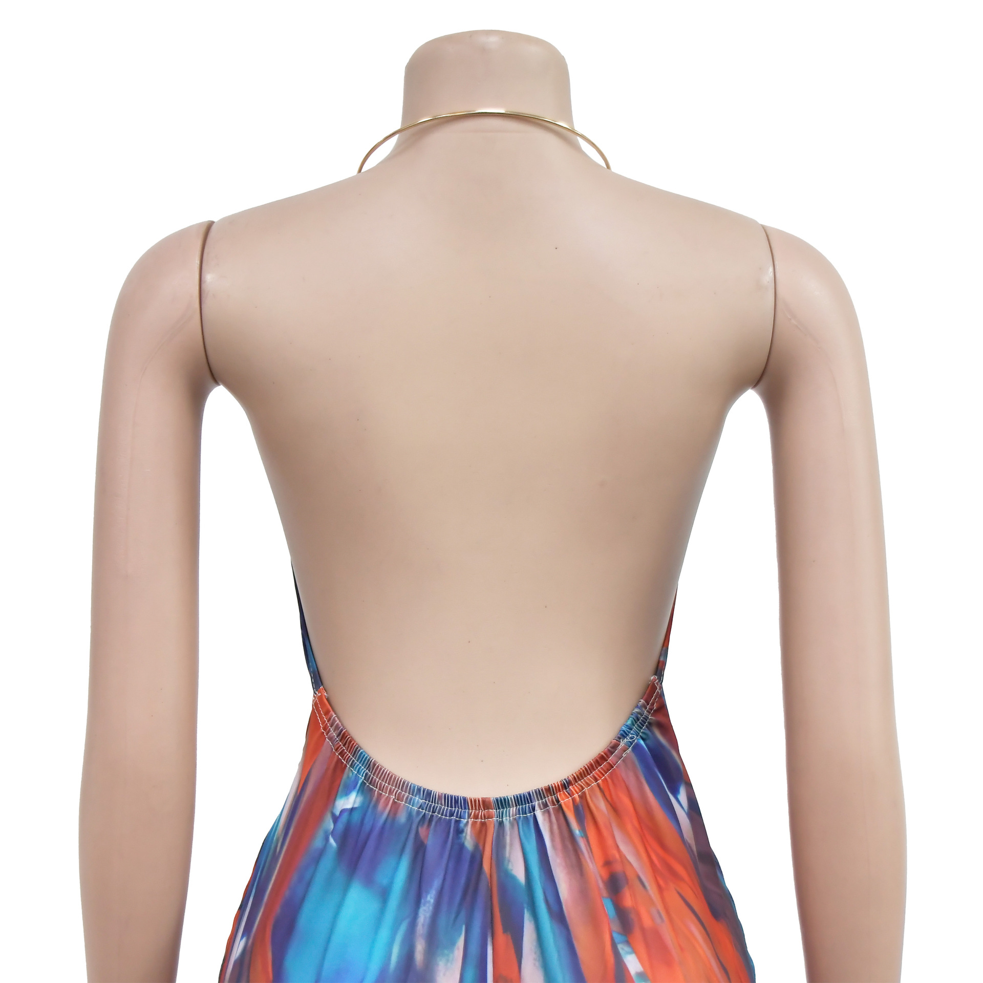 Women Wear Print Sleeveless Deep V Plunge Color Block Backless Long Conjoined Trousers