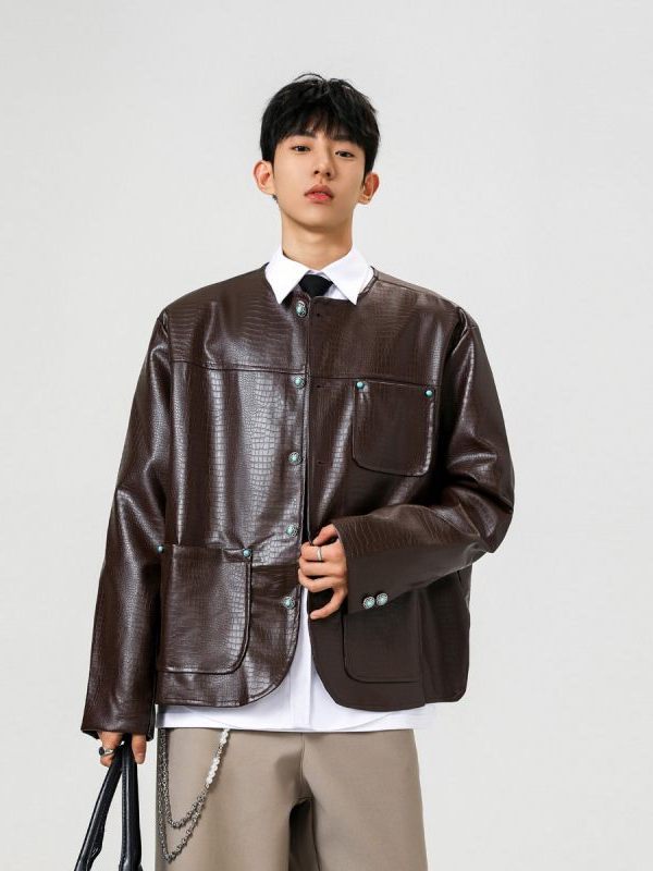 鳄鱼皮蛇纹U皮衣夹克男加肥大码宽松潮感无领珍珠扣短款外套