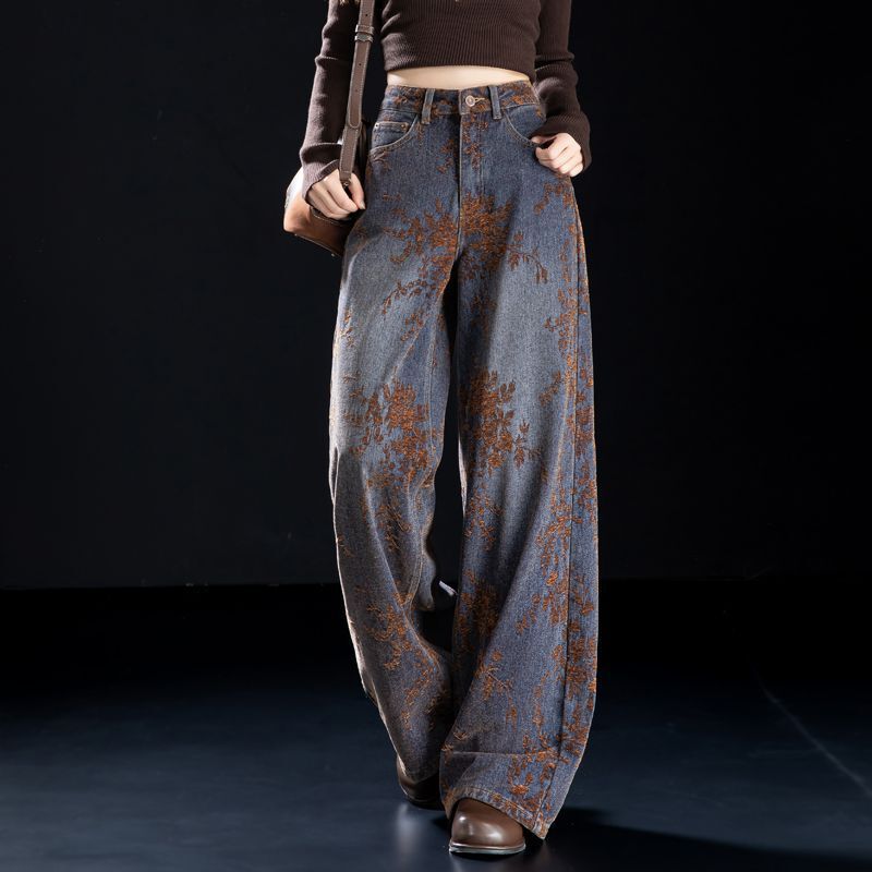 Jacquard Velvet Wide-Leg Jeans for Women 2025 Winter High-Waisted Straight-Leg Ethnic Style Pants Gzphh1003