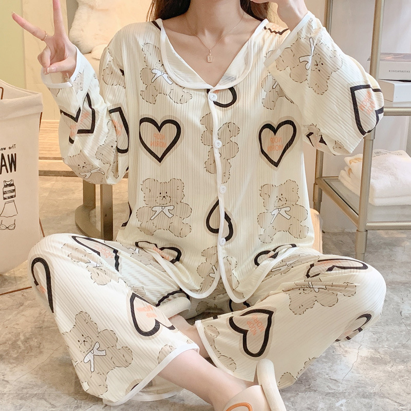 Pijamas de comercio exterior de las mujeres de manga larga cardigan melocotón corazón oso solapa pequeña ropa de hogar fresca traje de dos piezas transfronteriza mujeres lindas