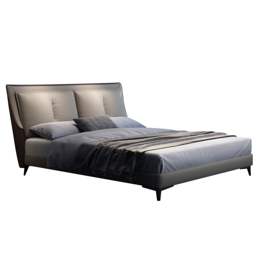 Leather bed minimalist first layer cowhide bed modern simple master bedroom bed 1.8m double solid wood bed frame soft cover wedding bed