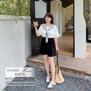 Double Day Plus Size Fat mm Women's Clothing 2025 New Summer Style Covering the Flesh and Slimming Look Fashion Tie Spliced Round Neck T-Shirt 8980