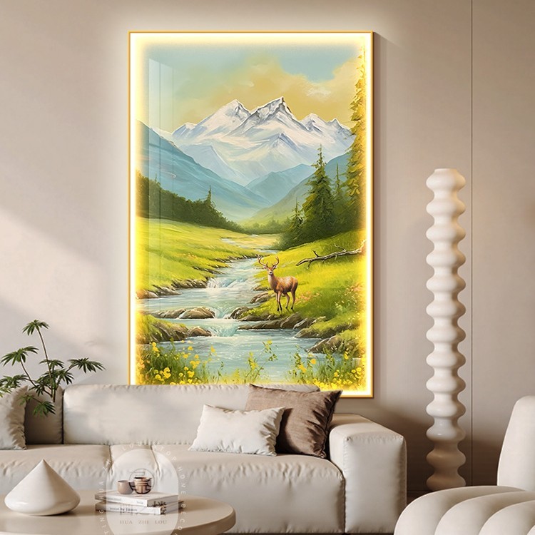流水生财入户玄关装饰画山水风景发光画走廊过道尽头挂画LED灯画|undefined
