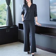 微胖休闲时尚套装女秋季2025新款宽松针织中年妈妈装阔腿裤两件套