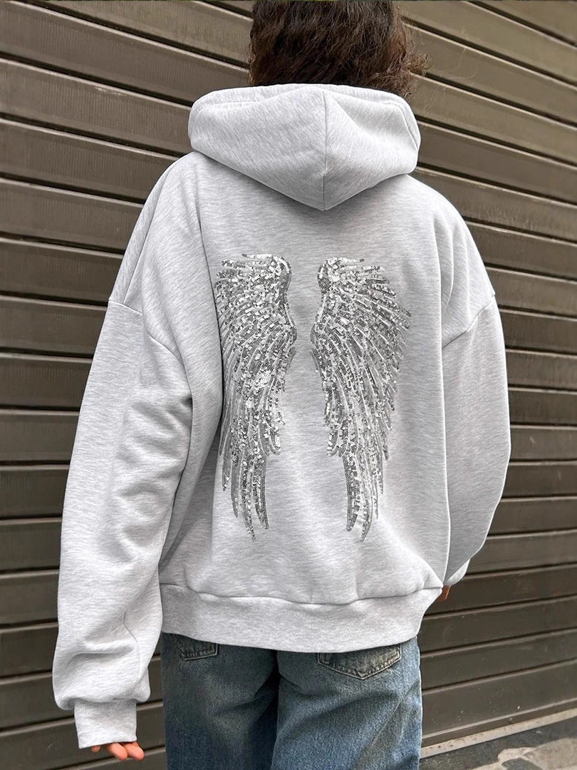 Angel Wing Sequin Hoodie & Pants Set – Women's 2025 Trendy Streetwear (V-Neck, Sleeveless, Polyester, Oversized Fit, S-Xxxl)_ecoleips.com