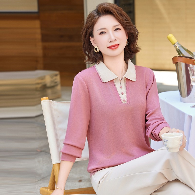 妈妈秋装时尚洋气衬衫2025新款中老年女装春秋针织翻领T恤打底衫|undefined