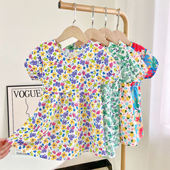 Girls Floral Skirt Summer Thin Puff Sleeve Children's Dress New Princess Dress Short Sleeve Nightgown Wholesale