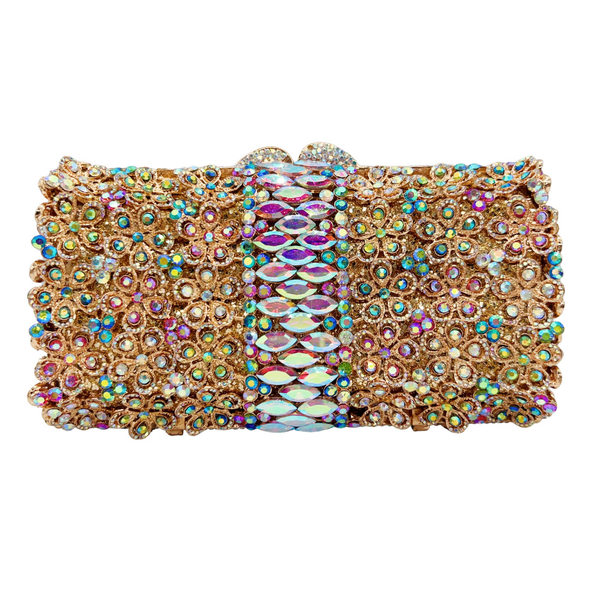 Túi clutch nữ đính đá dạ hội hộp cứng kim loại rỗng — Màu vàng kim huyền ảo, Cá tính đặt làm