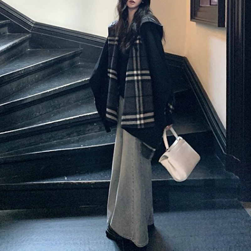 法式简约德鲁纳少女 正反两穿格纹连帽斗篷羊毛大衣风衣2025秋季|undefined
