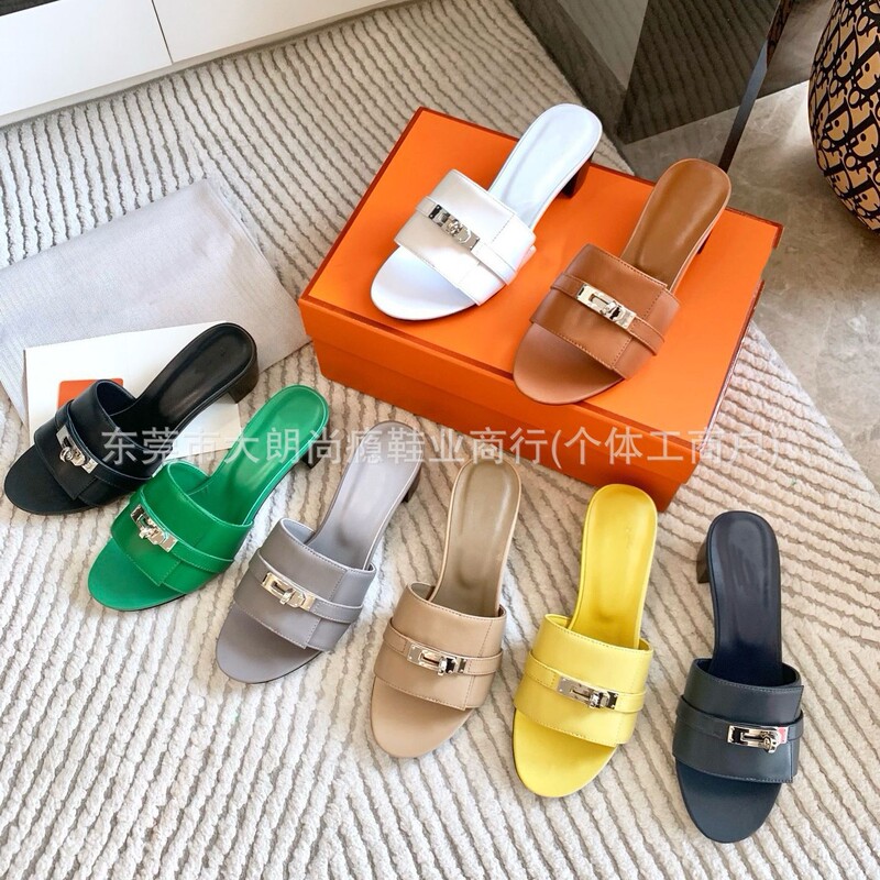Guangdong-Made High-End 2026 Summer H* Silver Buckle Slip-On Sandals for Women, French-Style High-Heeled Lightweight Outdoor Half-Slip Sandals