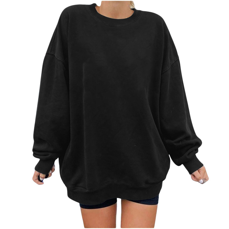 Our Store's Drop-Shoulder Long-Sleeve Fleece Crewneck Pullover Sweatshirt, European and American Style, Loose Fit, Plus Size, Lightweight, Solid Color, Women's Loose Style