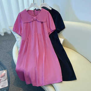 65.00 kg-175.00 kg plus size Women's chubby girl Simple Bow Short-sleeved dress Summer New Western Style Age-reducing