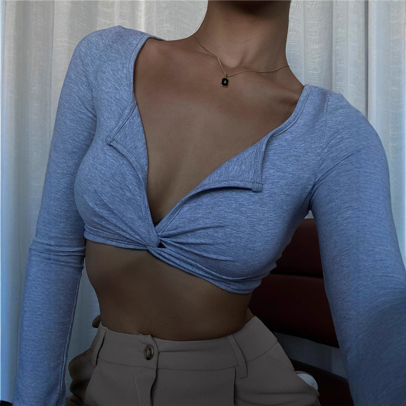 European and American gray retro V-neck long sleeve short T-shirt women's autumn Korean exposed T-shirt hot girl outfit ins cross-border wholesale