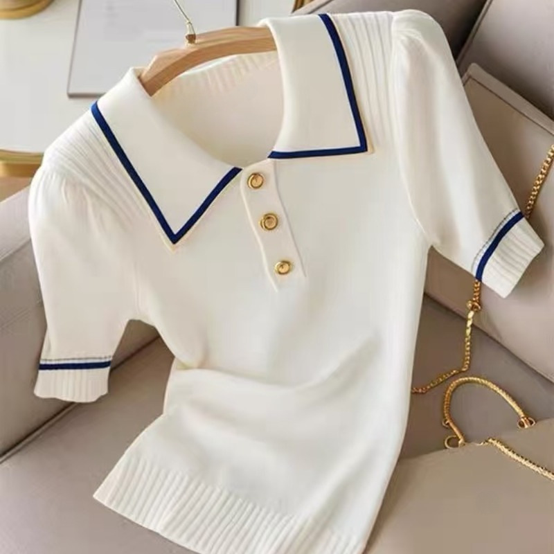 Women's Korean Style Color Block Striped Collared Short Sleeve T-Shirt Youthful Knitwear Top For Summer_ecoleips.com