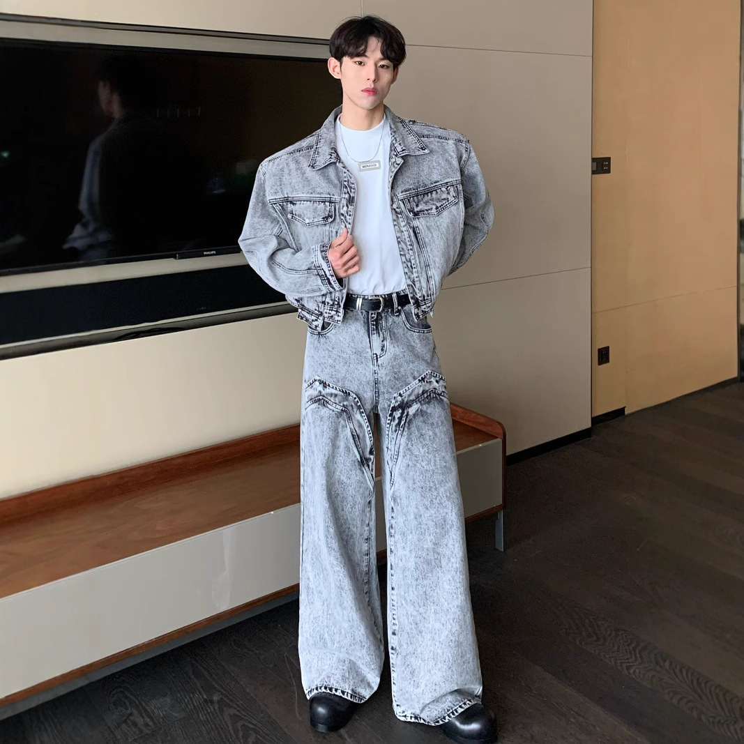 Factory direct supply, niche retro washed distressed cropped padded-shoulder denim jacket and patchwork denim suit.
