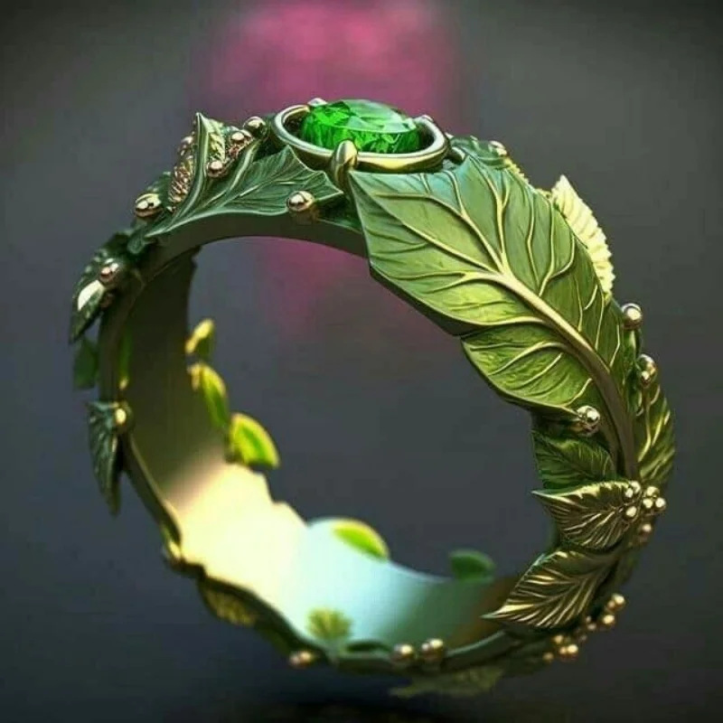 Hong Kong-Style Cross-Border European and American Retro Copper-Colored Leaf Ring for Women, Inlaid with Emerald, Personalized Light Luxury Botanical Ring