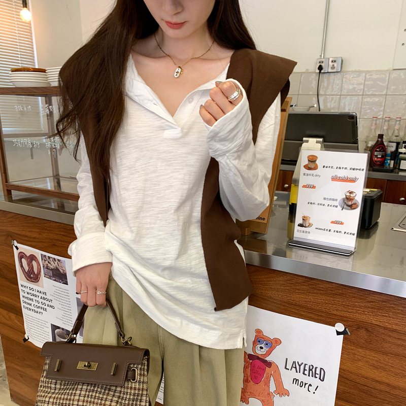 慵懒松弛感半开领长袖t恤女装韩版秋季2025新款宽松显瘦单穿上衣|undefined