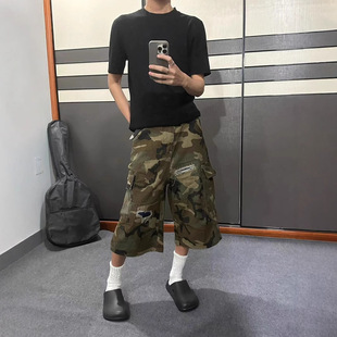 American Retro Patch Camouflage Cropped Cargo Jeans for Men and Women, Summer High Street Design, Loose Straight Shorts