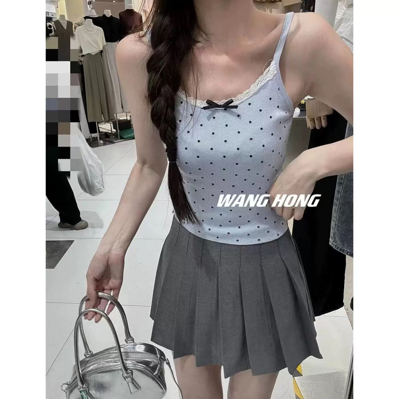 Yase [Korean Women's Polka Dot] New Sweet Style Lace Bow Camisole Polka Dot Home Clothes Set
