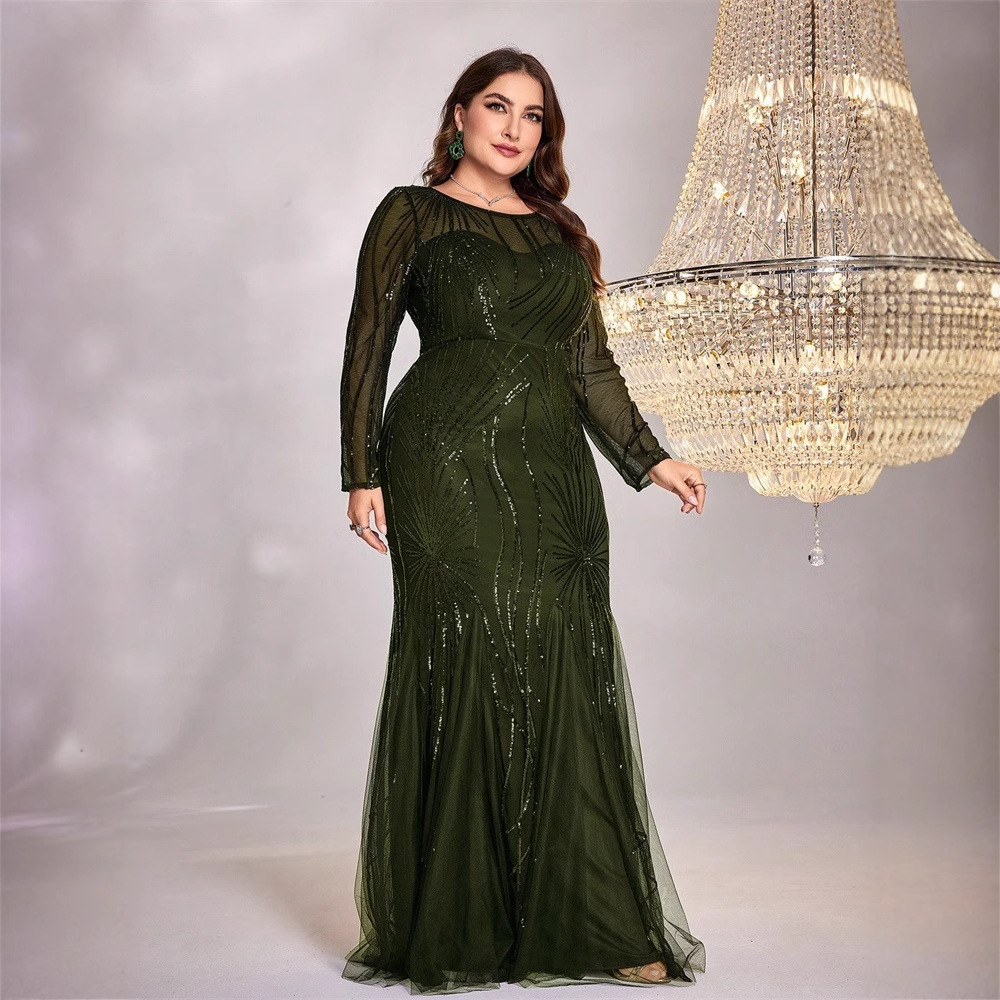 Cross-border New plus size Elegant dress Long-sleeved Round Neck Slim-fit Fishtail Dress Bridesmaid Banquet Toast Evening Dress Women