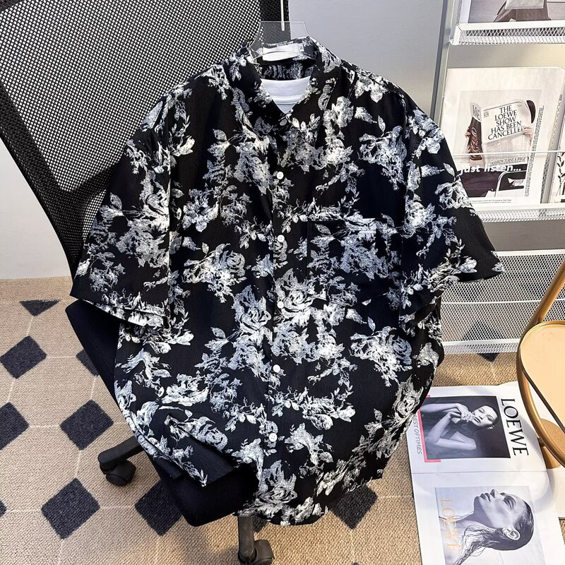 New Chinese Style Ink Painting All-Over Printed Short-Sleeved Shirt Men's Summer Casual Outer Wear High-End Retro Three-Quarter Sleeve Shirt New Chinese Style Ink Painting All-Over Printed Short-Sleeved Shirt Men's Summer Casual Outer Wear High-End Retro Three-Quarter Sleeve Shirt