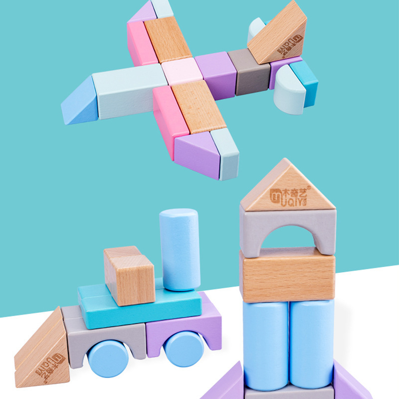 Al por mayor de madera de los niños forma geométrica color cognición Haya 28-grano caja de madera registro bloques de construcción de color juguetes educativos