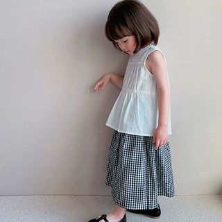 跨境童装批发女童套装夏季新款儿童暗花小碎花女孩背心格子阔腿裤