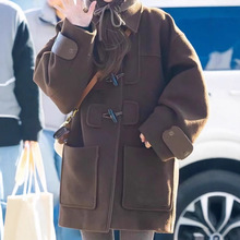 林娜琏明星同款美拉德牛角扣学院风毛呢外套秋冬复古高级呢子大衣