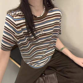 2026复古撞色条纹短袖提花小兔子咖色针织衫宽松上衣女复古条纹