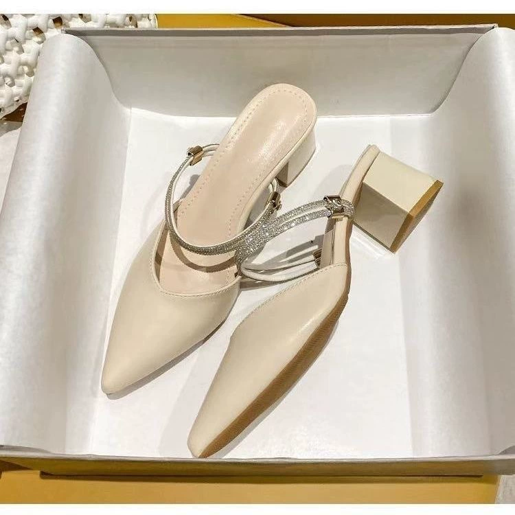 Тонкие летние новые стильные сандалии с острым носком и стразами, женские туфли на толстом каблуке, французские туфли-мюли на среднем каблуке с закругленным носком