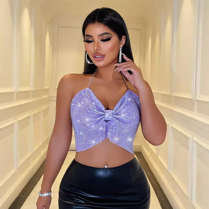European and American Nightclub Cross-Border Halloween Sexy Nightclub Halter Backless Tube Top Metal Sequin Camisole Top