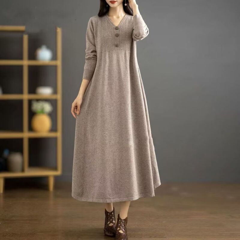 Autumn and Winter New Women's V-Neck Styky Mother's Knitted Sweater Large Swing Skirt plus size Loose Long Over-the-Knee dress Autumn and Winter New Women's V-Neck Styky Mother's Knitted Sweater Large Swing Skirt plus size Loose Long Over-the-Knee dress