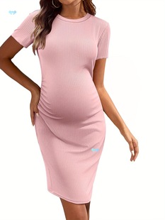 Elegant Maroon Maternity Dress Ruched Ribbed Bodycon Short