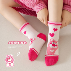 5雙裝春秋款可愛女童襪子粉色小熊主題童襪中小童百搭中筒襪批發