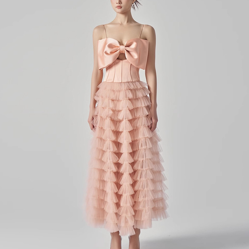 Orange Pink Bow Cake Skirt 2025 Early Spring New Sweet Lady Party Party Sling Small Dress