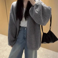 树皮工艺针织开衫女2025春秋新款韩版泡泡袖慵懒风毛衣宽松外套