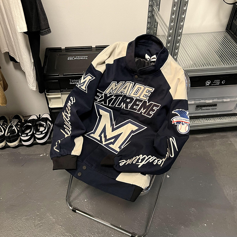 Giacca da baseball da motociclista con lettere ricamate in primavera e autunno da strada retrò americana per uomo e donna, giacca da corsa ampia hip-hop_voghion.com