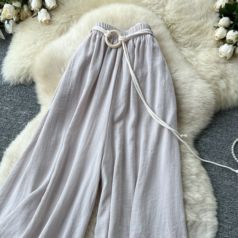 Women's High-Waisted Wide-Leg Trousers Tie Waist Retro Commuter Style Flowy Drapery Relaxed Fit Casual Pants_ecoleips.com