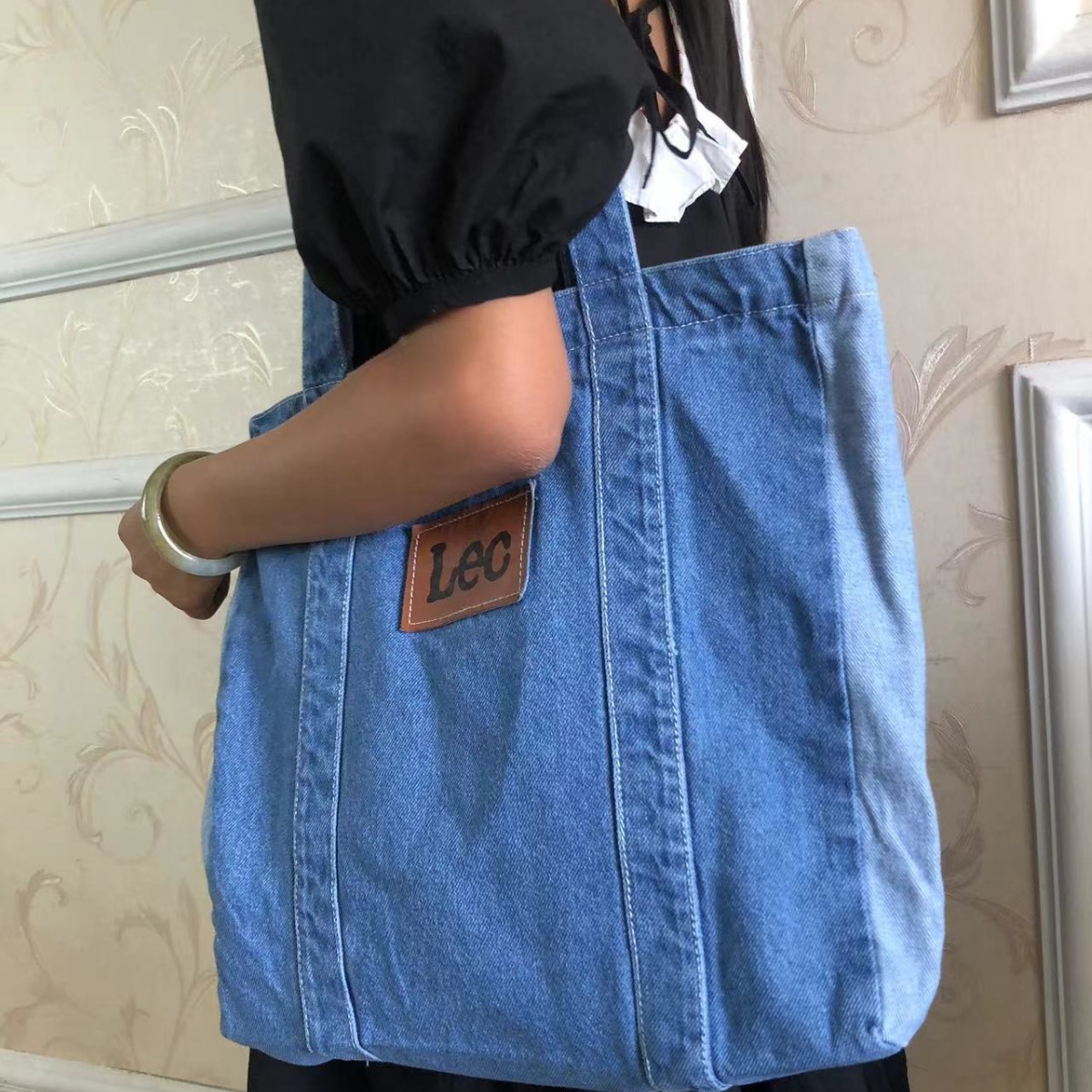 森系牛仔单肩包通勤帆布包学生书包妈妈包文艺布袋补习袋复古潮