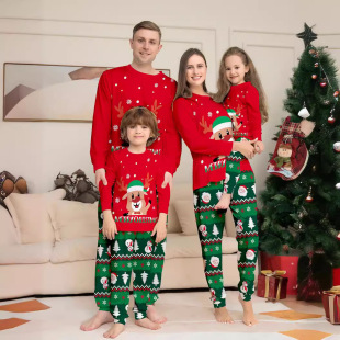 Independent Station New Cartoon Alphabet Fawn Snowman Christmas Print Christmas Costsize suit Family of Three Pajamas