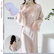 夏季新款性感长款吊带裙睡袍两件套 冰丝家居服女士V字领睡衣套装