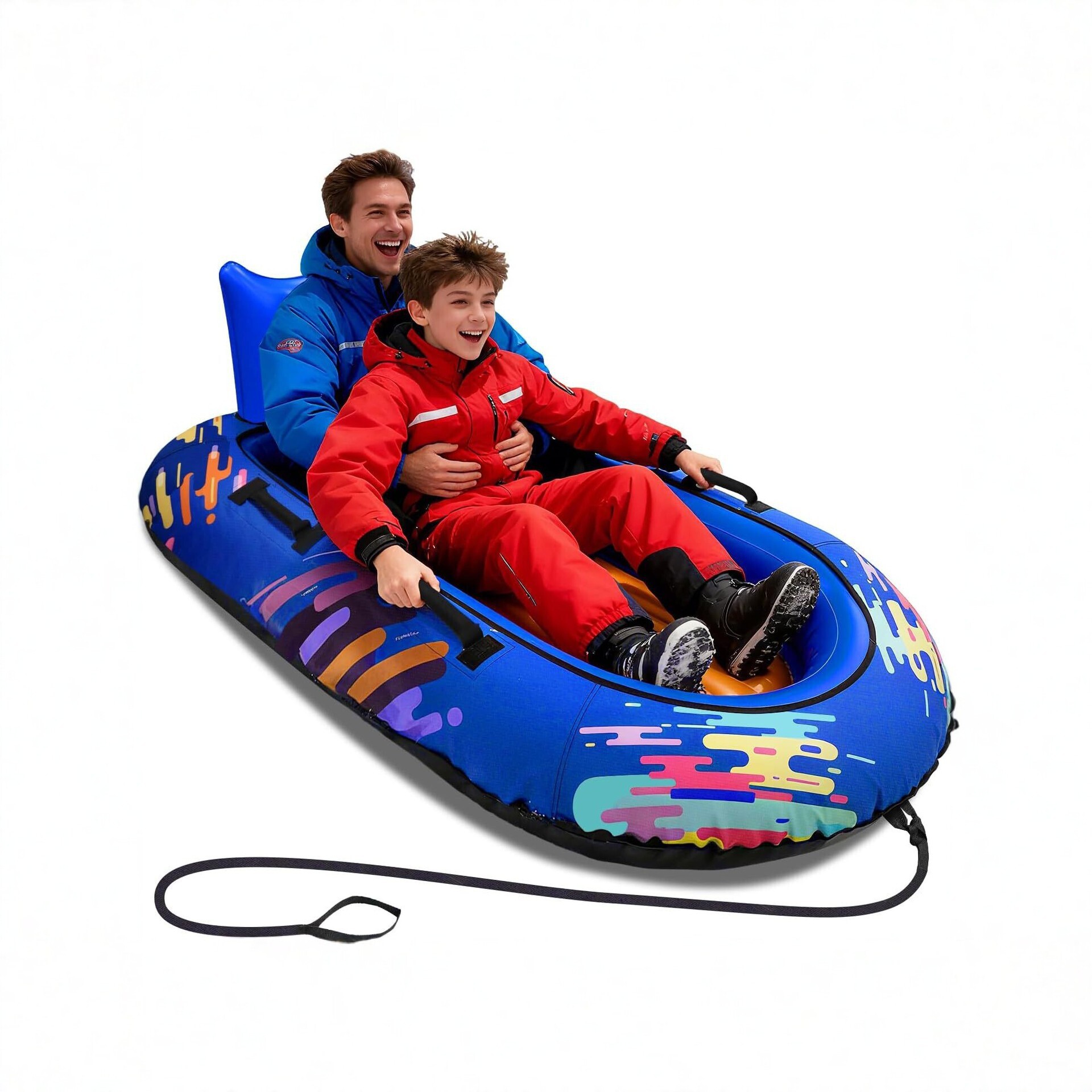 Cross-border inflatable snow sled for two, with a thickened PVC Oxford cloth cover, cold-resistant, featuring a backrest and pull rope, suitable for both adults and children