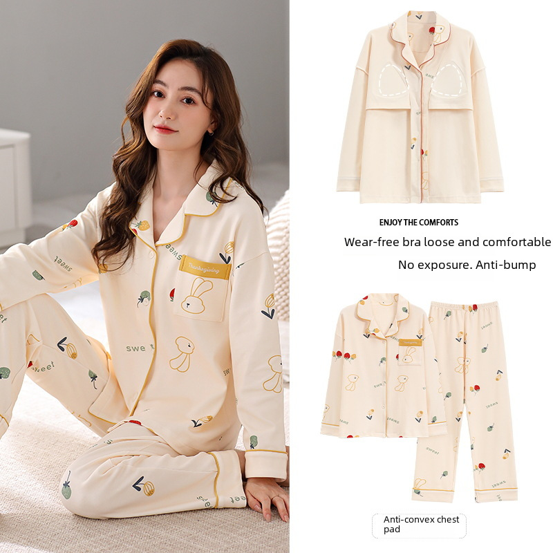 가슴 패드가 달린 다양한 잠옷, 여성용 가디건, 순면 긴팔 슈트, 밖에서도 입을 수 있는 라지 사이즈, 심플한 라펠 홈복