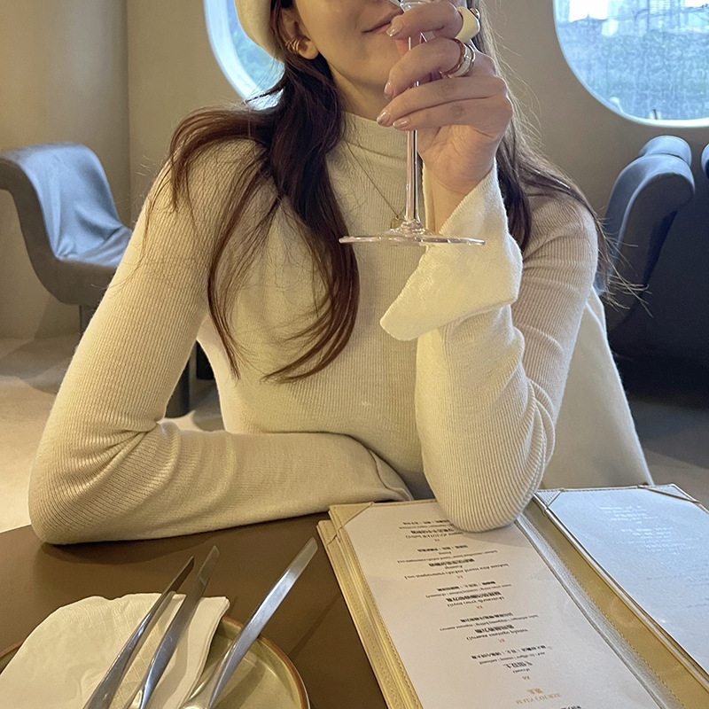 Beautiful Wool Inner Sweater Half-High Pile Collar Slit Sleeve Bottoming Shirt Top New Autumn and Winter Style