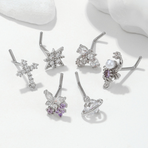 European and American fashionable pierced L-bar stainless steel nose nails for women, geometric micro-paved zircons, simple and exquisite nose ornaments wholesale