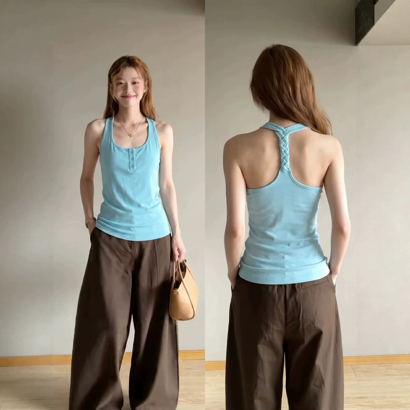 Blue Halter Neck Tank Top for Women, Summer Versatile Outerwear, Slim Fit, Beautiful Back Yoga Top, Wholesale