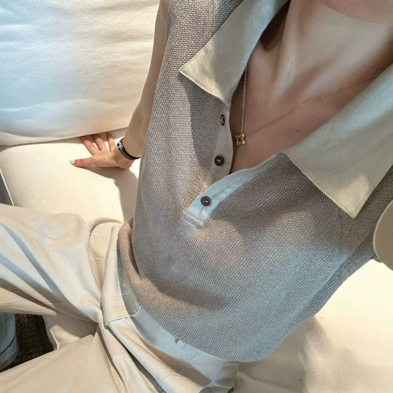 Old Money Style Polo Collar Sleeveless Knit Vest for Women, 2026 Summer High-End Pullover Top