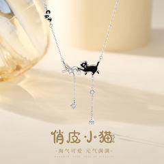 蒂奇亚原创可爱猫咪项链女S925纯银小众设计时尚百搭蝴蝶结锁骨链